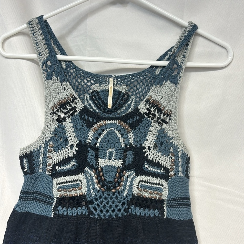 FREE PEOPLE Shades of Blue Crochet Hand Beaded Knit
Mini  skater Dress xs - Picture 3 of 12